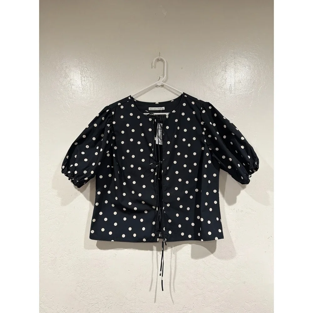 Abercrombie & Fitch Polka Dot Tie-Front Puff Sleeve Cotton Blouse Black Large